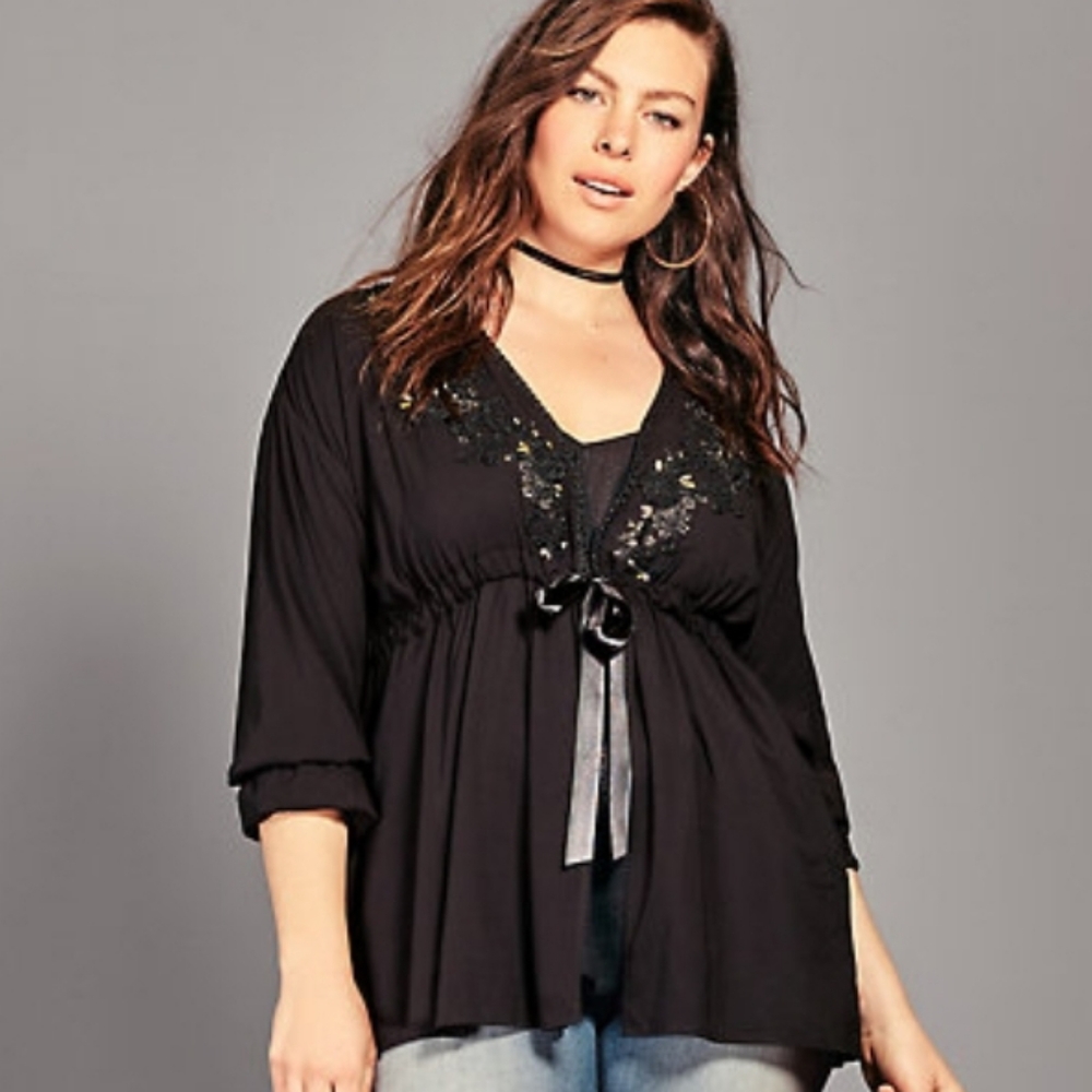 Torrid Black Embroidered Challis Tie Front Top 1